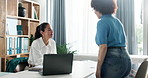Hospital, enter and doctor with woman in office for appointment, consultation and medical service. Healthcare, clinic and person welcome patient for check up, assessment and exam for treatment
