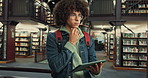 Man, student and thinking with tablet at library for research, project and check schedule for studying. Person, digital touchscreen and application for learning, education and scholarship at college