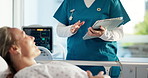 Nurse, women and listening on hospital bed with tablet, hands and good news with recovery for health. People, medical professional and patient with attention, app and happy for results at clinic