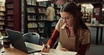 Laptop, woman and student with notebook in library studying for university exam with textbooks. Education, computer and female person writing with learning for college test or assignment on campus.