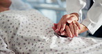 Doctor, hospital bed or holding hands with sick patient for recovery support, diagnosis or empathy. Healthcare, professional and comfort ill person for medical checkup, compassion and health results