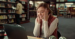Woman, laptop and student in library, surprise and excited with email for scholarship. Shocked, university and happy person with computer, wow and omg with success, celebration and funding approval