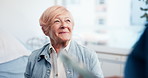 Nurse, healthcare and old woman in hospital, consultation and advice for disease. Pensioner, medical and elderly patient with professional, smile and wellness with treatment for illness and support