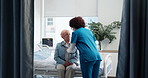Healthcare, old woman and nurse with stethoscope for checkup, asthma and chest wellness in clinic. People, senior patient and cardiologist with medical tools for lungs health, talking or hospital bed