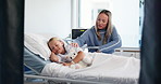 Hospital bed, sleeping and mom with child for comfort, support and care after surgery or treatment. Healthcare, pediatrics and mother with girl for visit for medical service, results and recovery
