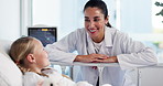 Hospital, consulting and doctor with child in bed for medical service, talking and treatment. Healthcare, pediatrics and woman with girl to explain surgery, procedure results and patient diagnosis