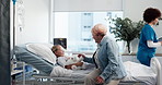 Grandmother, sick kid and visit in clinic for support, love or medical health with family. Grandma, girl and people in hospital bed for talk, comfort or empathy for patient in rehabilitation care