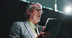 Microphone, tablet and businessman on a stage for presentation with economic growth at seminar. Keynote speaker, digital technology and mature financial manager with speech for finance development.