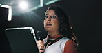 Presentation, mic and businesswoman with tablet on a stage for financial summit with investment. Digital technology, meeting and female finance secretary with speech for economy development at event.