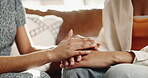 Comfort, friends and sympathy for woman, hands and kindness with compassion, trust or communication. House, care and patience for person in living room, empathy and understanding of trauma or helping