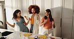 Dancing, wine and girl friends in kitchen with fun, bonding or cooking dinner together in home. Happy, rhythm and group of women with music for preparing food for supper with alcohol drinks in house.