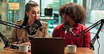 Radio, man and woman with mic, talk show and collaboration for live stream, online and conversation. Production, podcaster and people with microphone for audio communication, journalist or discussion