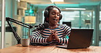 Black woman, laptop and announcer talking with headphones or mic for audio podcast at office. Female person, broadcaster or speaking on air or computer for radio communication, news or announcement