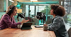 Radio, interview and people with headphones, talk show or live streaming of conversation on website. Podcast, woman and question for man with mic, journalist and tech for sound or media production
