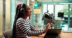 Happy, black woman and announcer with mic, headphones or tablet for audio podcast at office. Female person, broadcaster or commentator talking on laptop for radio communication, news or announcement
