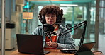 Laptop, podcast and face of man with microphone for press, multimedia or radio DJ in studio. Audio equipment, headphones and person with recording for online broadcast, announcement or live streaming