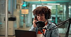 Headphones, podcast laptop or man with microphone for audio recording, on air interview and chat. Radio presenter, live stream and person with discussion in studio for content creation and talk show