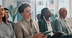 Businessman, listen and tablet in audience at convention for info, presentation or review at company. People, employee and thinking in crowd, event and attention with app at corporate conference