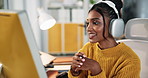 Happy woman, discussion and video call with headphones on computer for online conversation at office. Female person, consultant or creative agent talking with smile on technology for webinar or chat