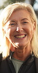 Face, hiking and woman in forest, smile and fitness with humor, wellness and healthy lady. Portrait, mature person and hiker with workout, exercise and vacation with journey, holiday and laughing