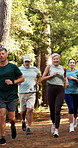 Fitness, trail running and group in forest for body health, wellness or marathon race. Cardio, jog and mature people outdoor for exercise, workout or training for sports competition together in woods