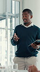 Business, man and talk with tablet in meeting for financial planning, feedback and budget review. Person, team and discussion for finance proposal, investment report and information for profit growth