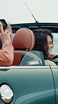 Smile, women and road trip with friends in car for drive, travel adventure and vacation. People, laugh and vehicle for journey with transport, reunion selfie and bonding together for getaway holiday