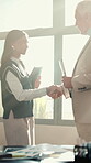 Agreement, people and handshake for client in office, woman and meeting for partnership or teamwork. Happy, employee and shaking hands with man for investment, together and collaboration for project