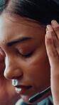 Agent, woman and stress with headache in call center for difficult client, mistake or overwhelmed. Customer service, microphone or migraine for workload fatigue, 404 error or disappointed with crisis