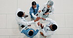 Above, high five and teamwork with doctors in hospital for clinical trial success, support and healthcare. Medical partnership, celebration and drug therapy goal with people and cheering for results