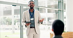 Businessman, audience or speaker with tablet at presentation for coaching, convention and event. Finance seminar, feedback and person with speech for professional development and global conference