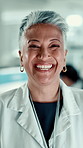 Scientist, woman and face with laugh in laboratory for healthcare, medical research and smile. Mature doctor, professional employee and confident portrait for pharmaceutical study, biology and pride