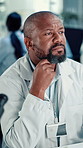 Computer, reading and science with black man in laboratory for medical development or research. Innovation, pharmaceuticals and thinking with mature scientist at work on clinical trial for discovery
