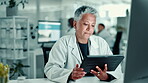 Mature woman, scientist and tablet in lab for medical research, experiment and botany. Person, online and report comparison for investigation, studying genetics and information for ecology innovation