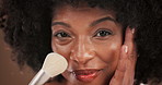 Beauty, face and makeup brush with happy black woman in studio to apply cosmetics for makeover. Facial, product and smile of African model with tool for aesthetic, blending foundation or contouring