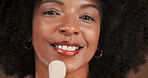 Beauty, brush and cosmetics with black woman in studio to apply blusher makeup for makeover. Facial, product and smile of happy African model with foundation for aesthetic, blending or contouring