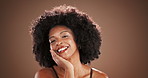 Face, skincare and happy black woman with beauty in studio, glow and dermatology. Portrait, smile and model with facial cosmetics, makeup and afro hairstyle for aesthetic on background with space