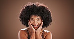 Face, skincare and African woman with glow in studio, beauty or shine for dermatology. Portrait, smile and model with facial cosmetics, makeup or afro hairstyle for aesthetic on background with space