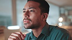 Reading, thinking and business man at night online for information, research and website. Doubt, ideas and male person with tech working on project, problem solving and brainstorming in dark office