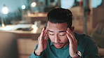 Night, businessman and burnout with headache, fatigue or overworked with consultant deadline. Person, employee and migraine with tired, stress or exhausted with eye strain for journalist or editor