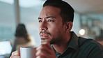 Reading, thinking and businessman with coffee at night for information, research and website. Ideas, online and person with hot drink for project, problem solving and brainstorming in dark office
