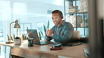 Headset, man and virtual assistant with laptop in office for online appointment setting. Mic, technology and male receptionist with computer for customer service, help desk or support in workplace.