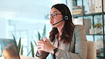 Headset, laptop and woman customer service agent in office for global consultation with translation. Mic, technology and female call center consultant with multilingual support for online client.