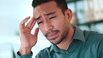Office, employee and man with headache, stress or thinking of deadline for project, pain or burnout. Overworked, accountant and person with migraine for pressure, contemplating or anxious in business