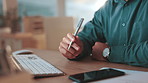 Hand, thinking and business man at night online for information, research and website. Pen, ideas and male person with tech working on project, problem solving and brainstorming in dark office