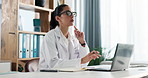 Doctor, woman and laptop with idea in clinic for medical journal, research or telehealth. Healthcare, thinking and scroll with info in hospital for administration, management or problem solving