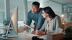 Night, documents or business people with computer, help or cooperation with advice for budget report. Employees, coaching or financial consultant in office, paperwork and pc with accounting or invest