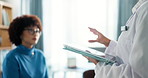 Tablet, doctor and discussion with people in office for healthcare advice, patient history and checkup. Digital records, medical diagnosis and help with person in clinic for symptoms survey and talk
