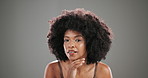 Face, dermatology and black woman in studio, cosmetics and makeup on grey background. African person, space and happy model with wellness, afro and skincare with shine, glow and aesthetic with beauty