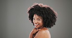 Cosmetics, body care and face of black woman in studio with beauty, natural and hydration treatment. Mockup space, portrait and African person with dermatology for smooth skin by gray background. 
